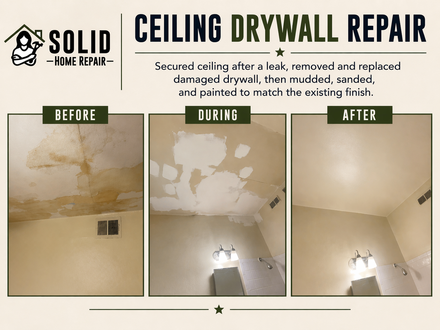 Ceiling drywall repair after water damage from leak, showing before, during, and after with new drywall, reinforcement, and painted finish in Birmingham, AL.