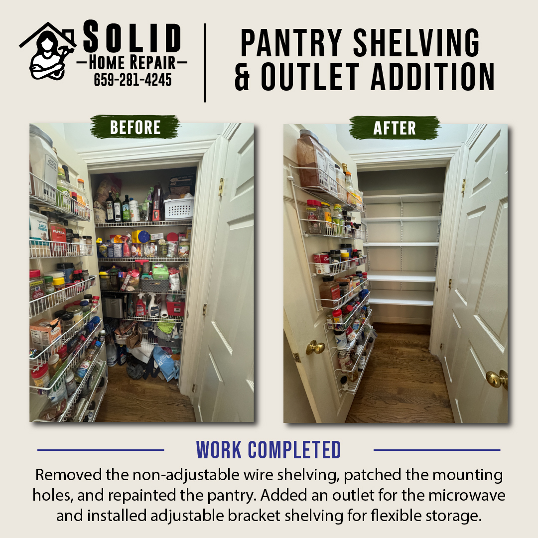 Before and after pantry renovation showing new adjustable shelving, fresh paint, and an added electrical outlet for a microwave in Birmingham, AL.
