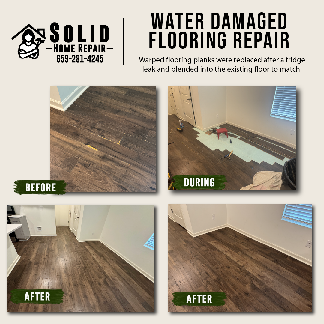 Water damaged flooring repair after a refrigerator leak showing damaged planks, flooring removal, and completed replacement flooring in Birmingham, AL.