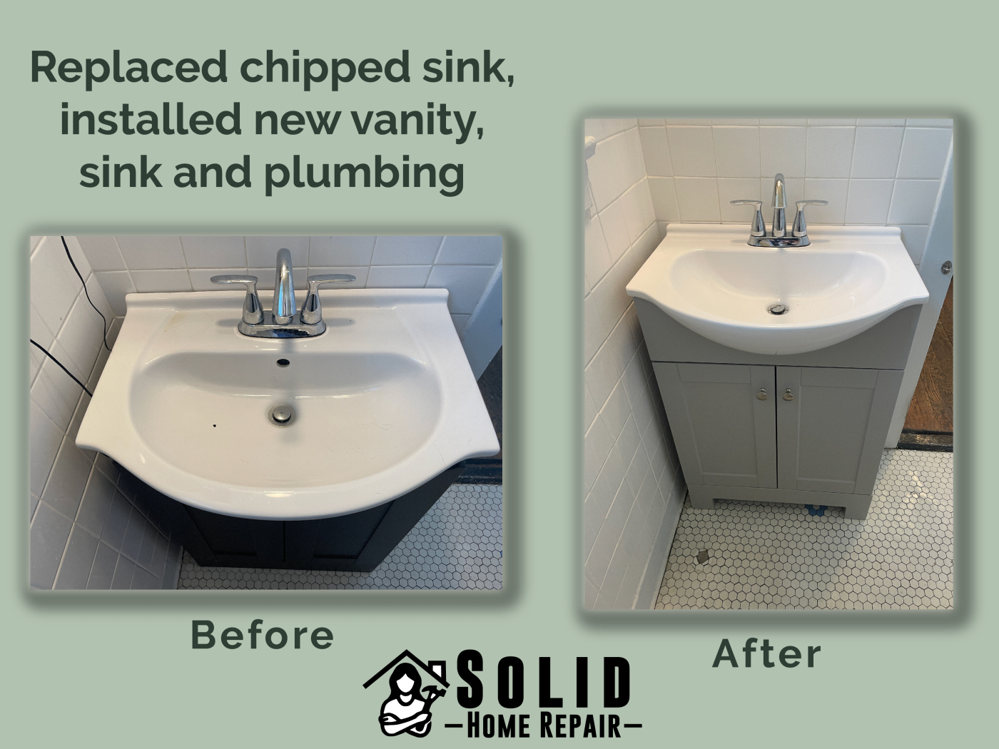 Bathroom vanity and sink replacement with new fixture and updated plumbing, shown before and after in Birmingham, AL.