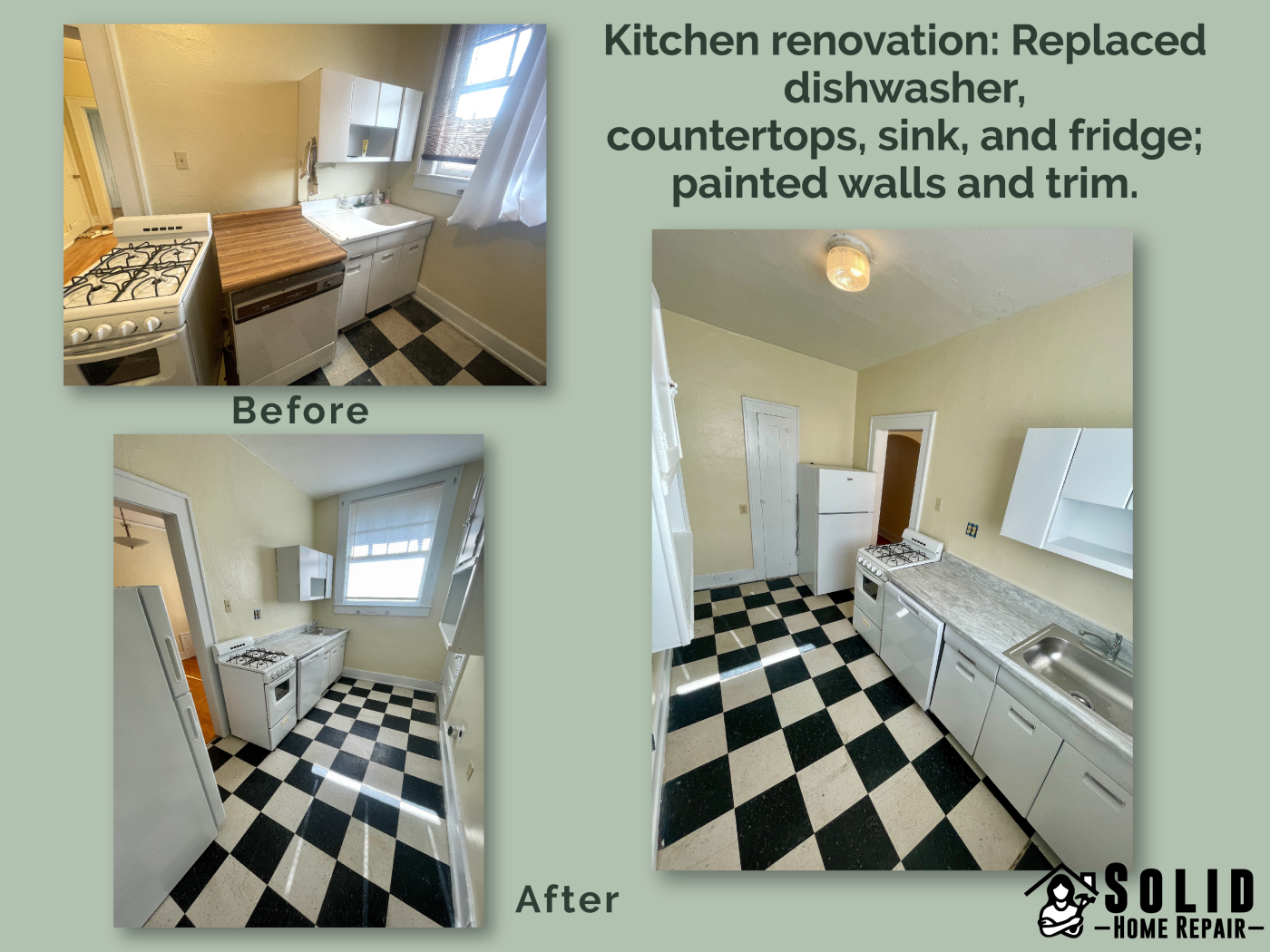 Kitchen renovation with new countertops, sink, dishwasher, refrigerator, and painted walls, shown before and after in Birmingham, AL.