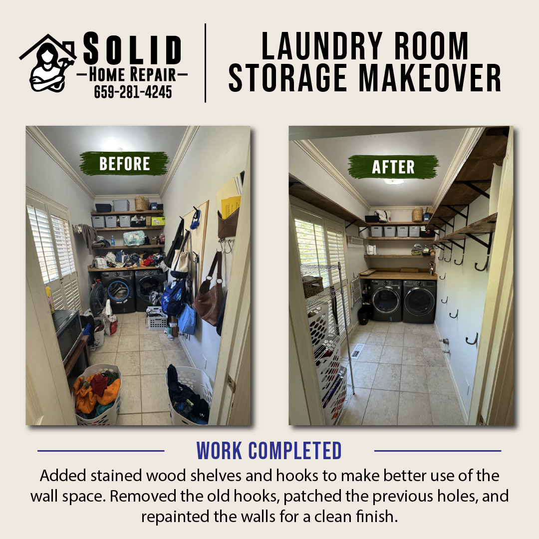 Laundry room storage makeover with before and after photos showing stained wood shelving, wall hooks, patched walls, and fresh paint in Birmingham, AL.