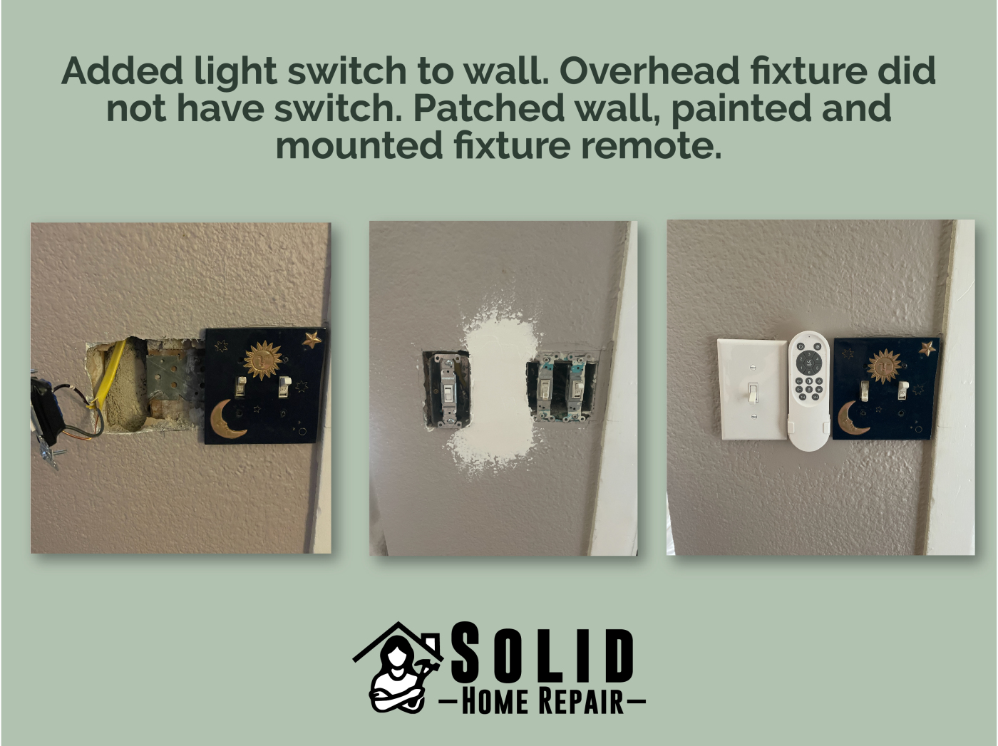 Living room lighting upgrade with new ceiling box, wall switch installation, and patched drywall, shown before and after in Birmingham, AL.