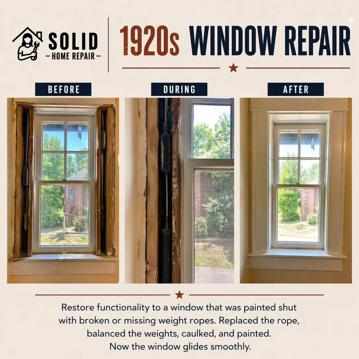 1920s wood window repair showing before, during, and after with replaced sash cords, balanced weights, and restored operation in Birmingham, AL.