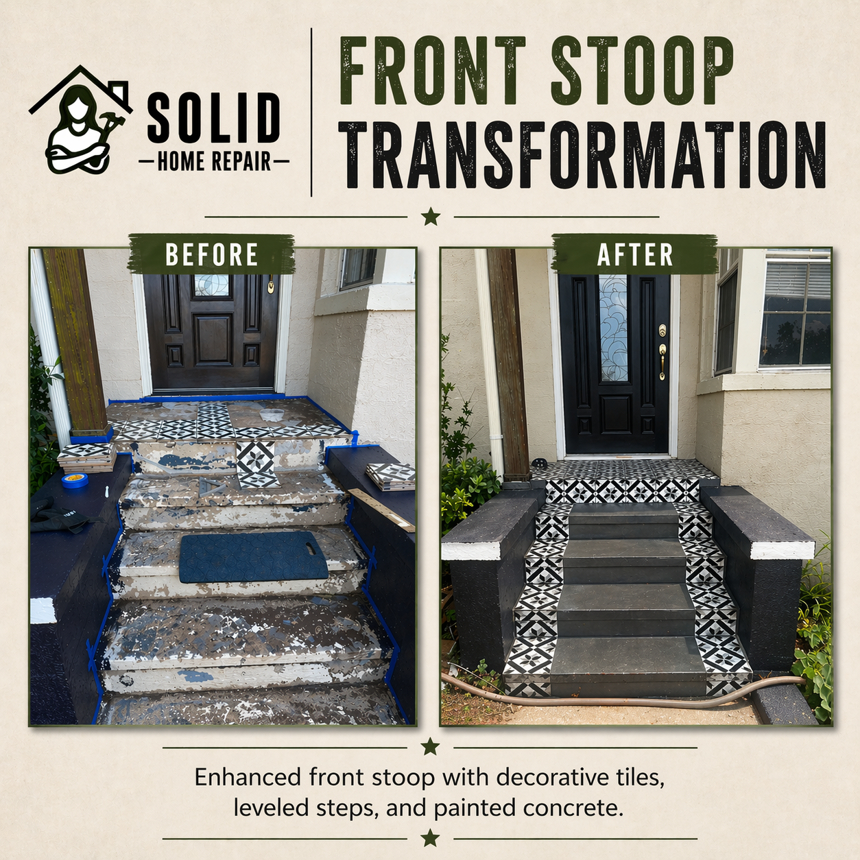 Front stoop tile installation with leveled concrete base, new decorative tile, grout, and painted concrete finish in Birmingham, AL.