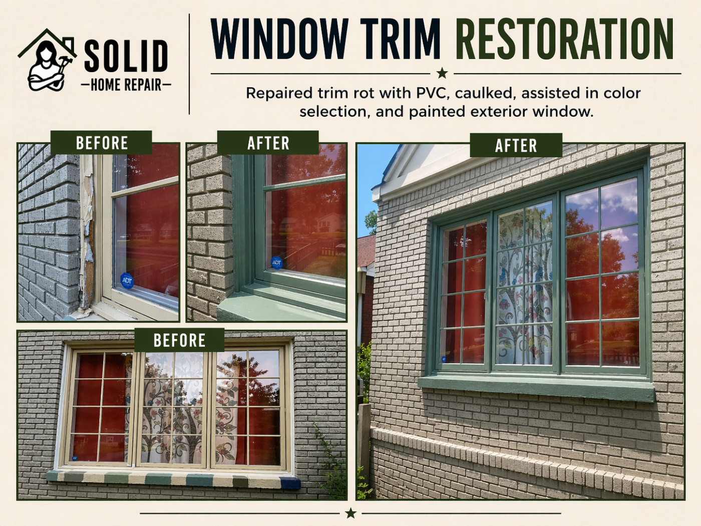 Exterior window trim repair with PVC replacement, caulking, and repainting, shown before and after on a brick home in Birmingham, AL.