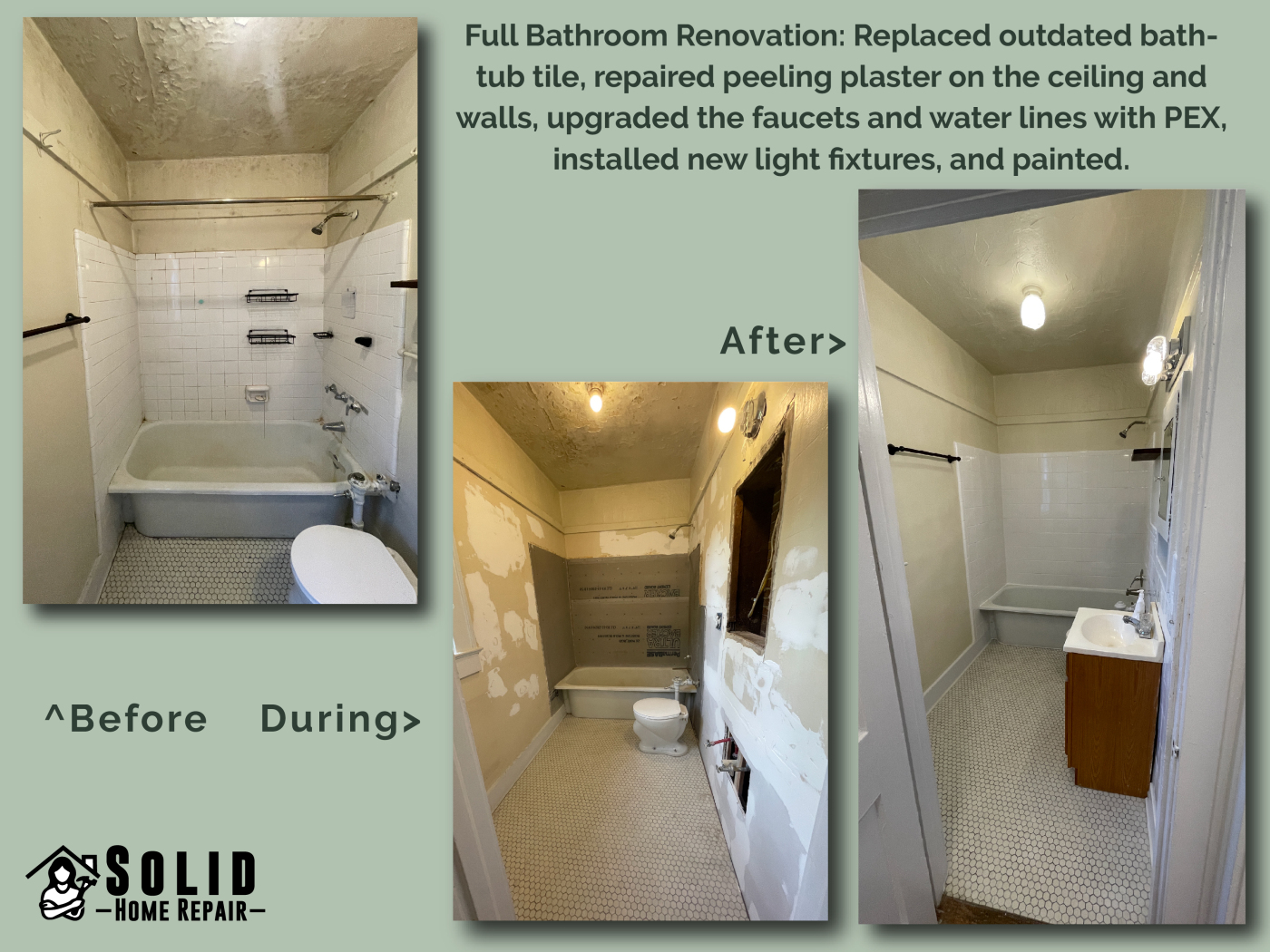 Full bathroom renovation with tile removal, PEX plumbing upgrade, Hardie board installation, plaster ceiling repair, and new fixtures, shown before, during, and after in Birmingham, AL.