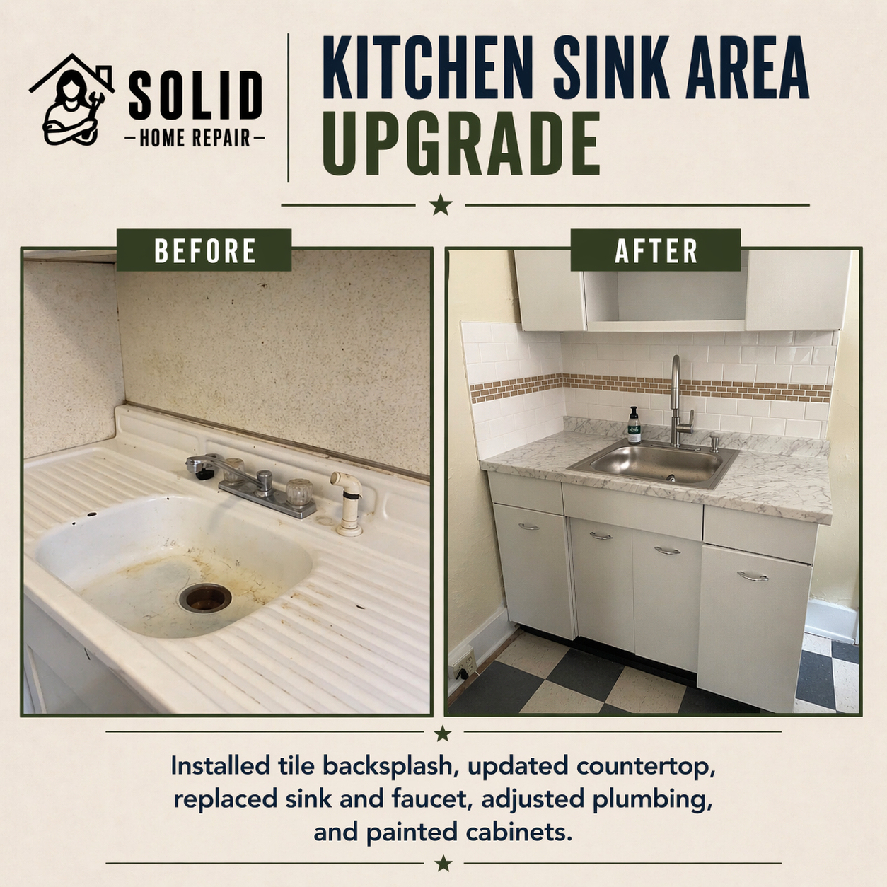 Kitchen sink upgrade with new tile backsplash, countertop, sink, and faucet, plus repainted cabinets, shown before and after in Birmingham, AL.